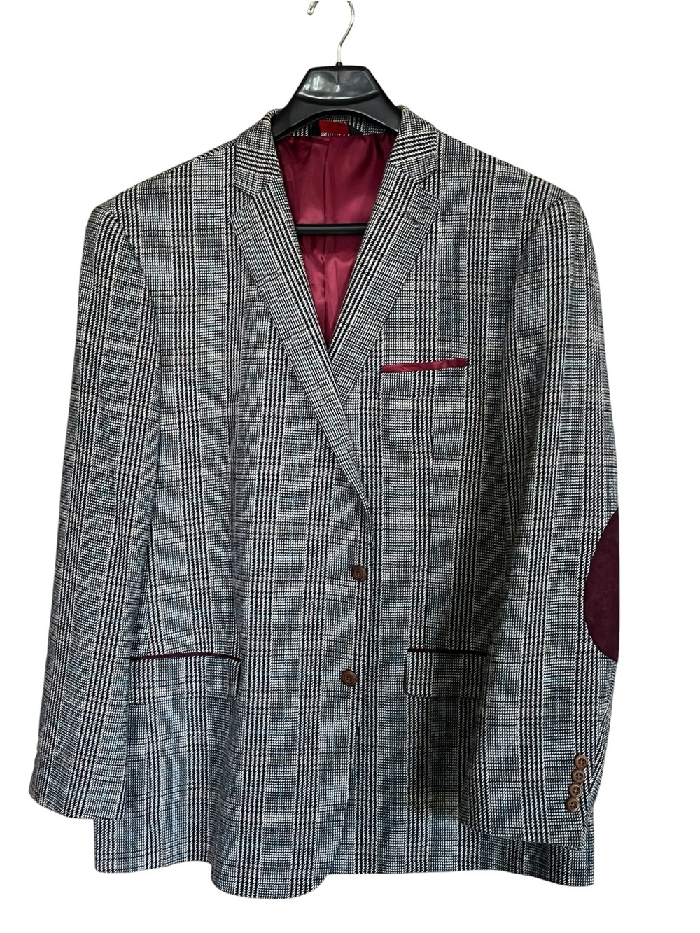 Men's Línea Uomo Gray Plaid Sport Coat/ Blazer with Burgundy Accents Size 54L